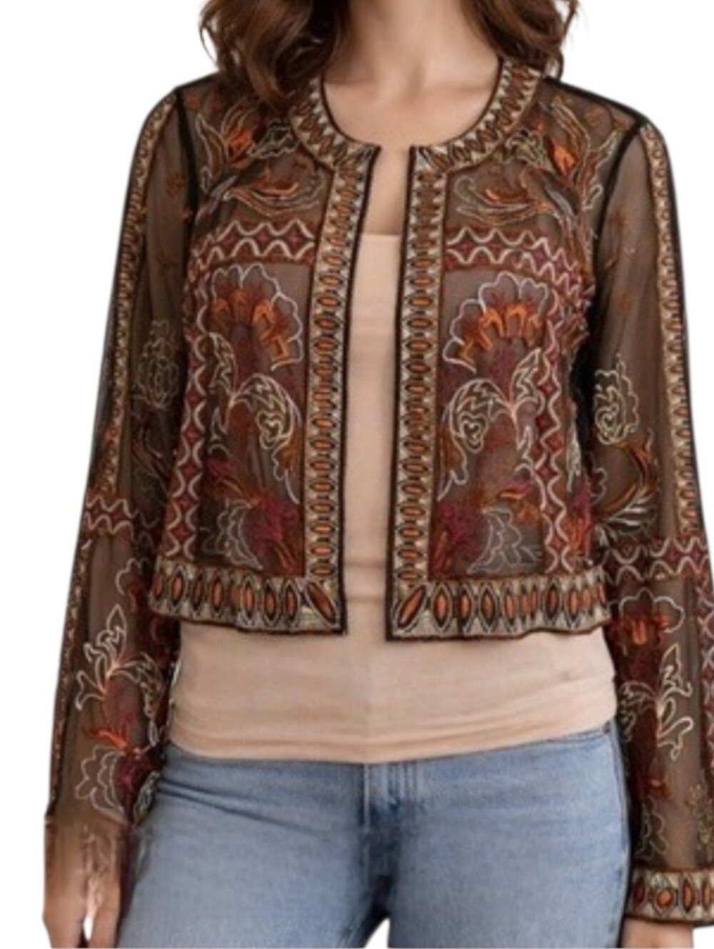 Chico's Embroidered Black Gold Sheer Luxe Bolero Jacket XL